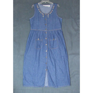 Jane Ashley Denim Jean Dress Large Blue Floral Embroidered 80s 90s Cottagecore